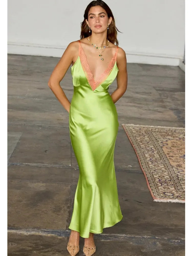 Strap Satin V-neck Long Dress