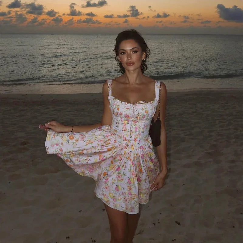 Printed Square Neck Strap Corset Mini Dress