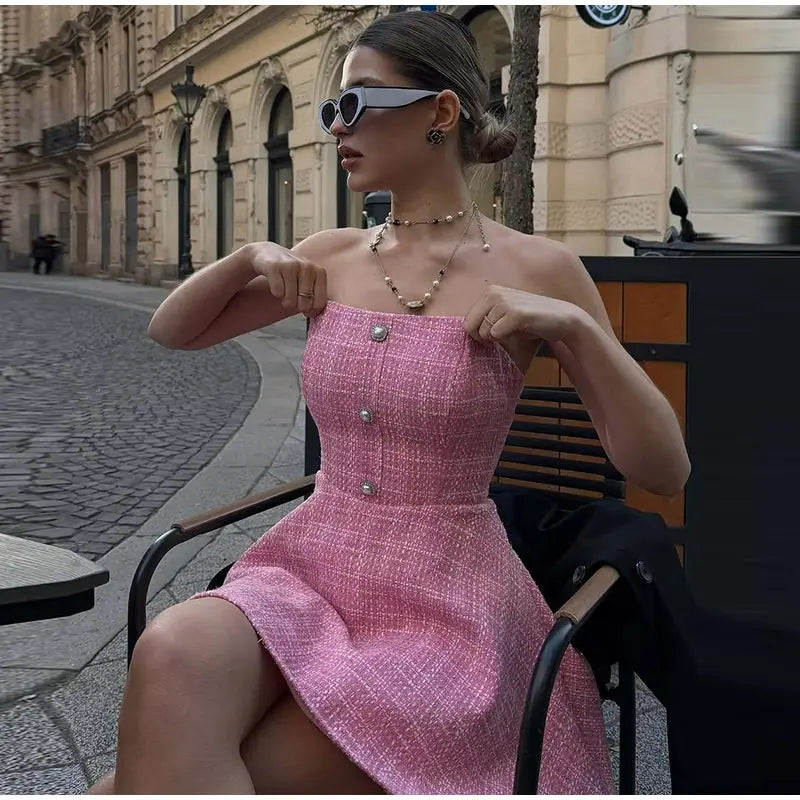 Tweed Strapless Buttoned Mini Dress