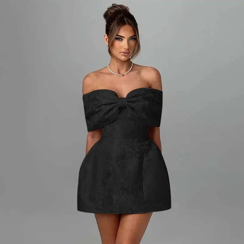 Large Bow Off Shoulder Jacquard Mini Dress