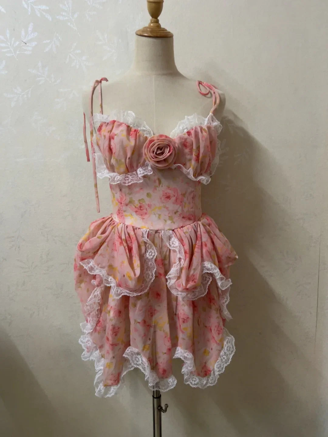 Pink Floral Sling Ruffles Irregular Hem Mini Dress