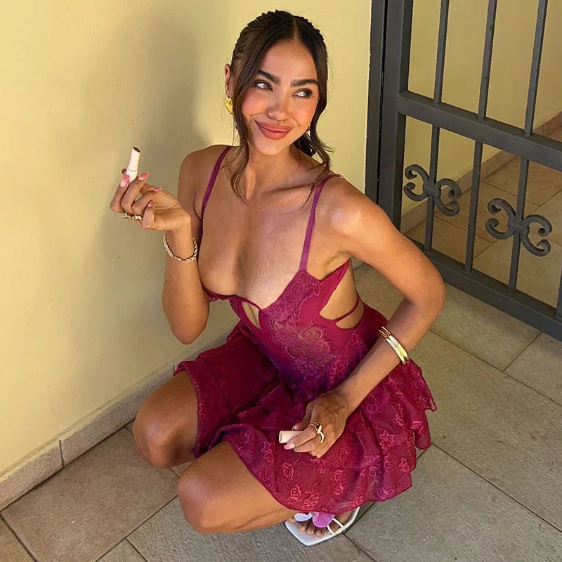 Pink Lace Ruffles Mini Dress