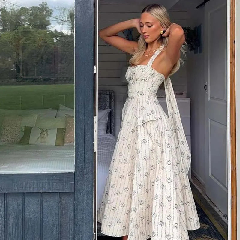 Halter A-line Midi Buttoned Dress