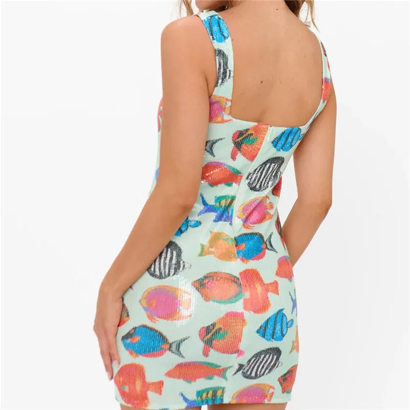 Sequin Square Collar Fish Print Mini Dress