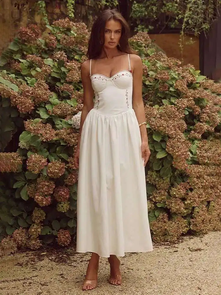 White Floral Embroidered Midi Bustier Dress