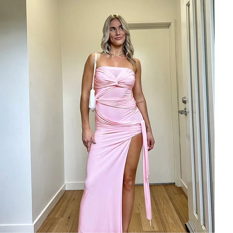 Strapless Pink Tie Up Mesh Midi Dress