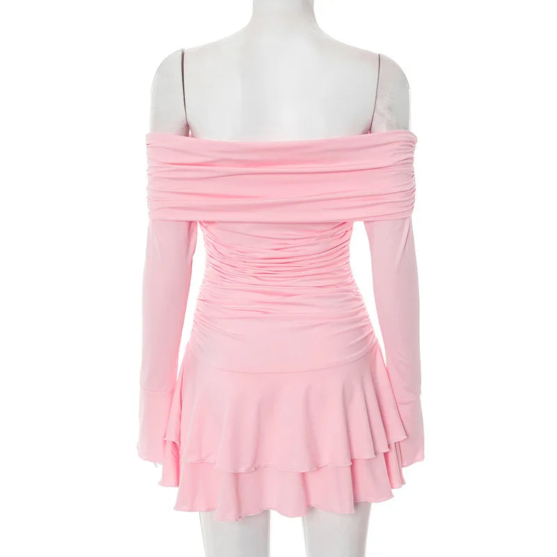 Long Sleeve Off-shoulder Ruched Frill Mini Dress