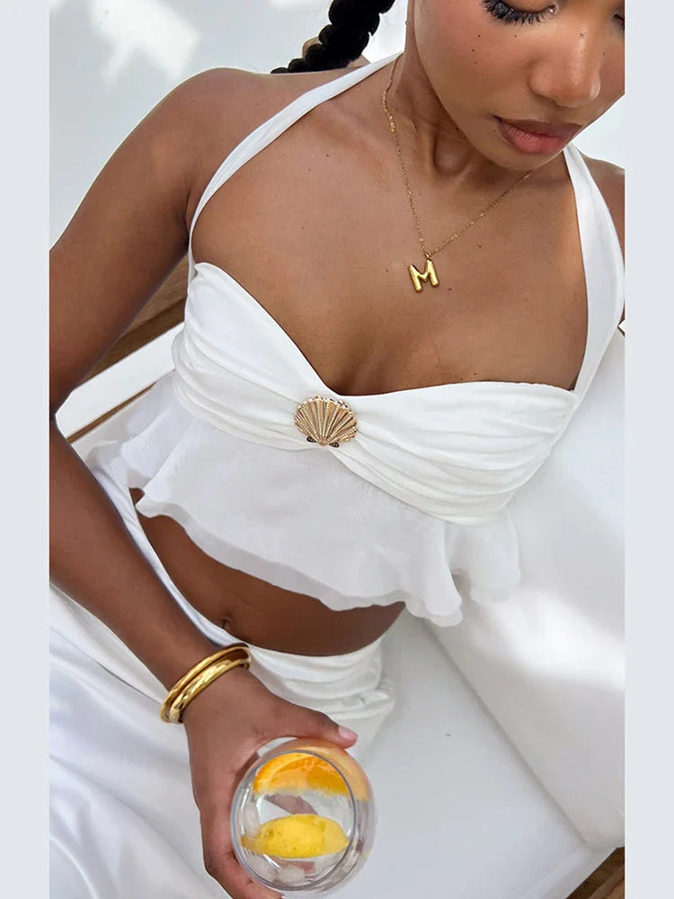 White Sheel Halter Crop Top