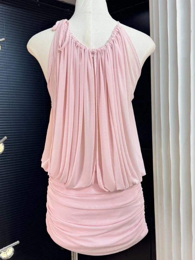Halter Mesh Ruched Mini Dress