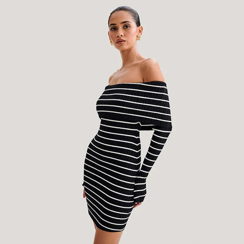 Striped Long Sleeve Knit Off-Shoulder Mini Dress