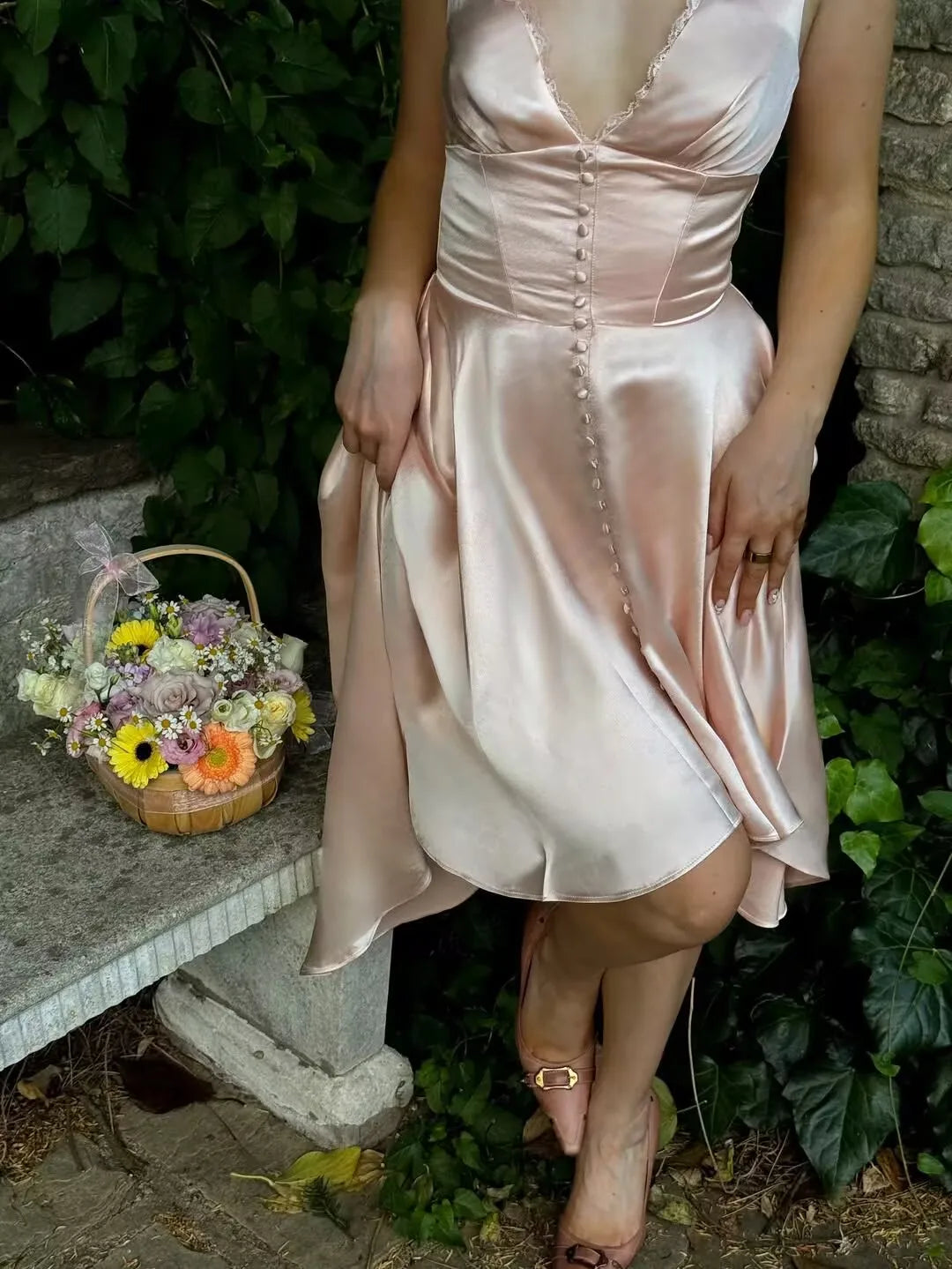 Pink Sleeveless V Neck A-line Midi Dress