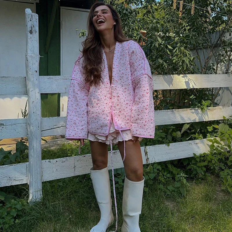 Women's Pink Printed Casual Knit Cardigan - Autumn/Winter Warm