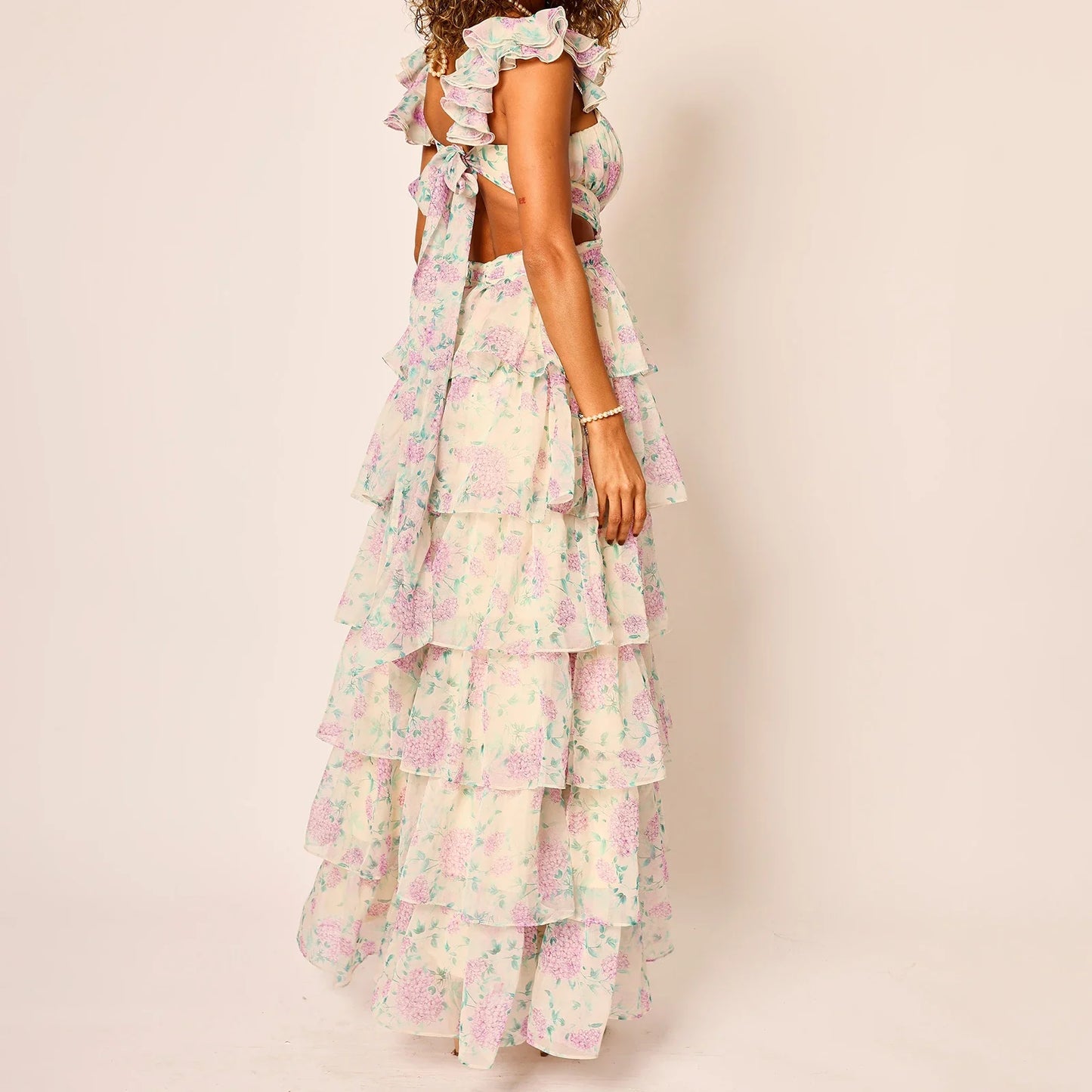 Floral Tiered Ruffles Maxi Dress - V-Neck A-Line