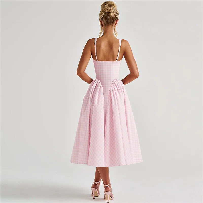 Plaid Printed Corset A-line Maxi Dress