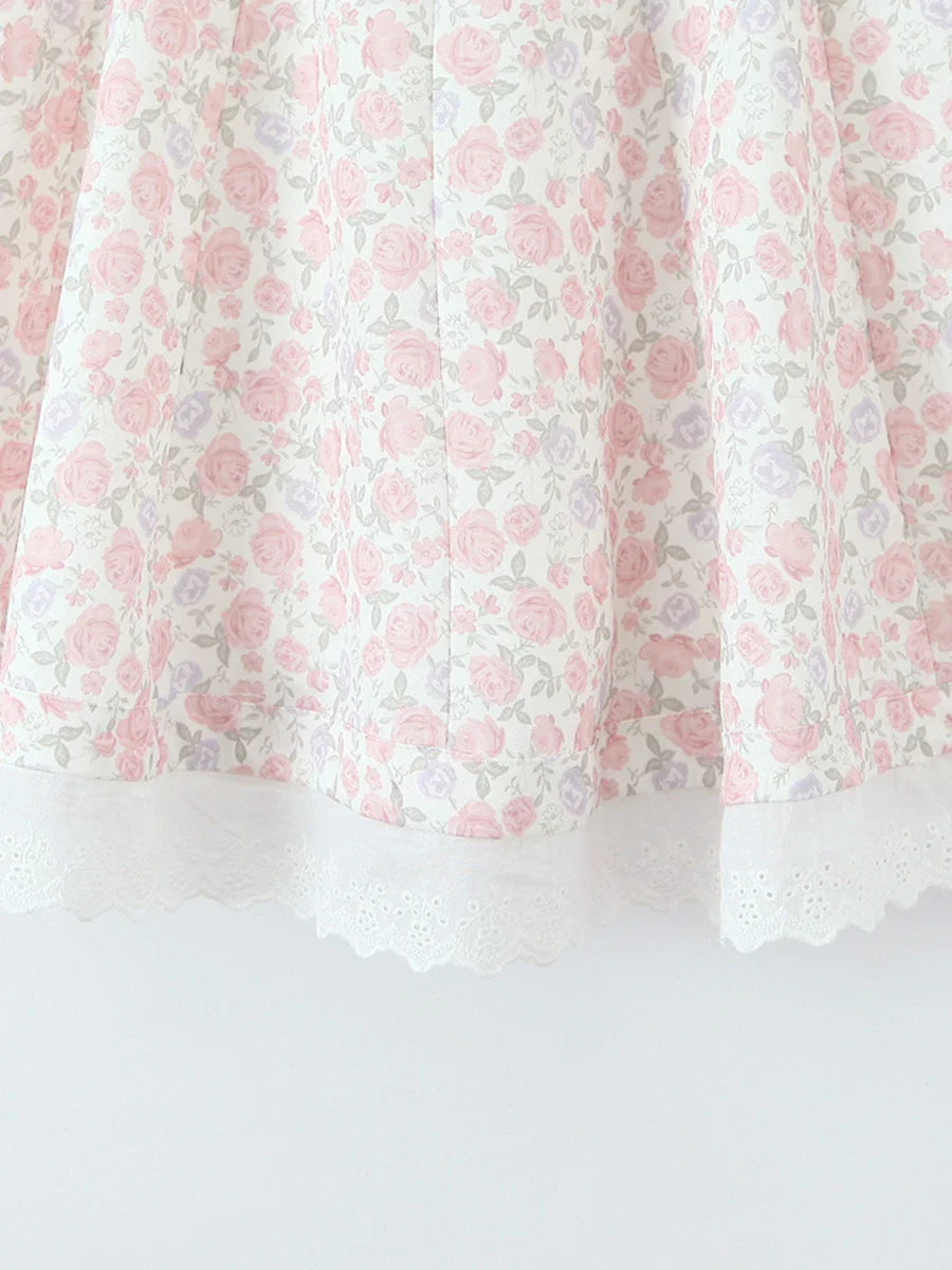 Pink Floral Tie Up Eyelet Trim Mini Dress