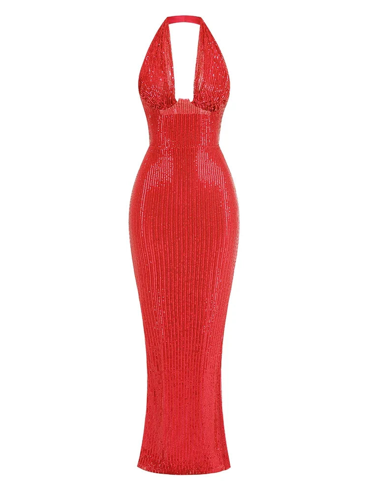 Sequin Halter Deep Neck Maxi Dress