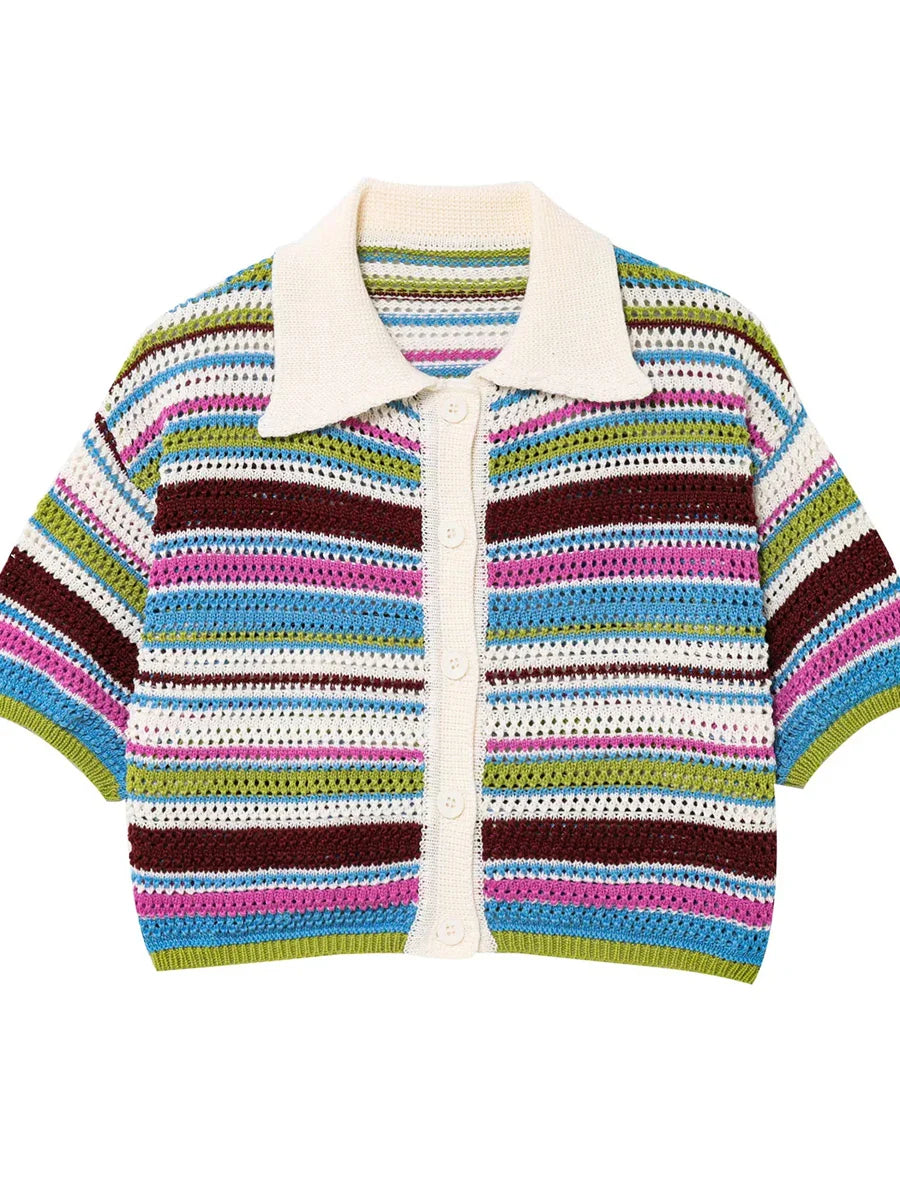 Stripe Colourful Collar Buttoned Shirt And Shorts Set