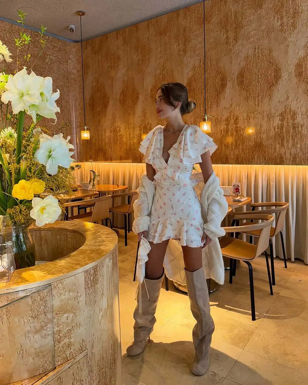 White Floral Ruffle Short Sleeve Mini Dress