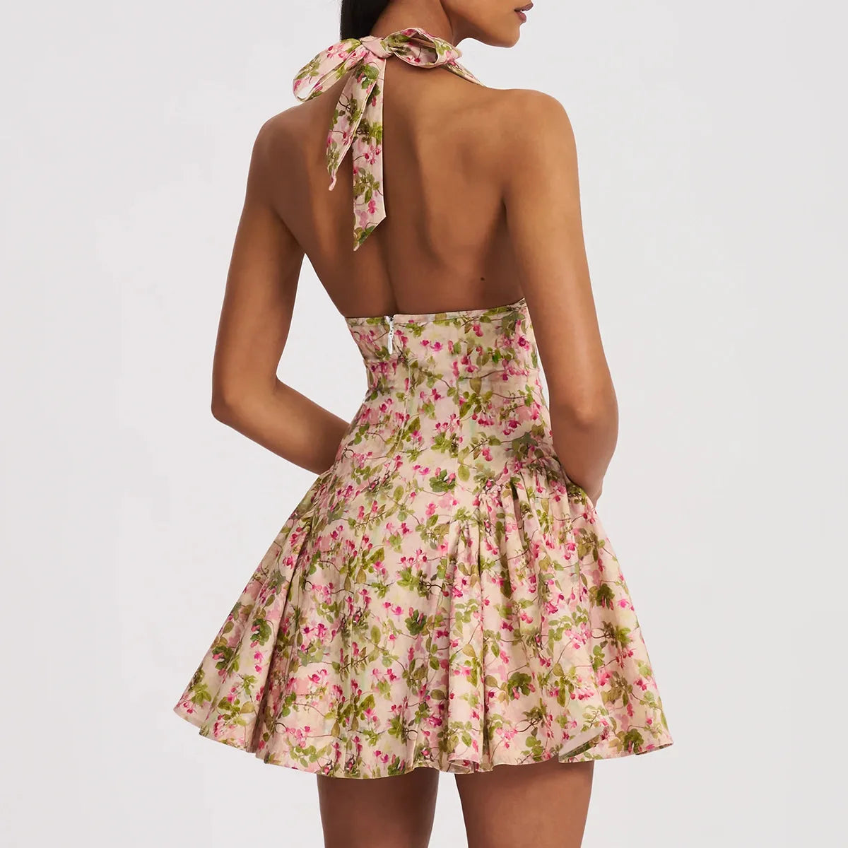 Floral Deep Halter Neck Mini Dress