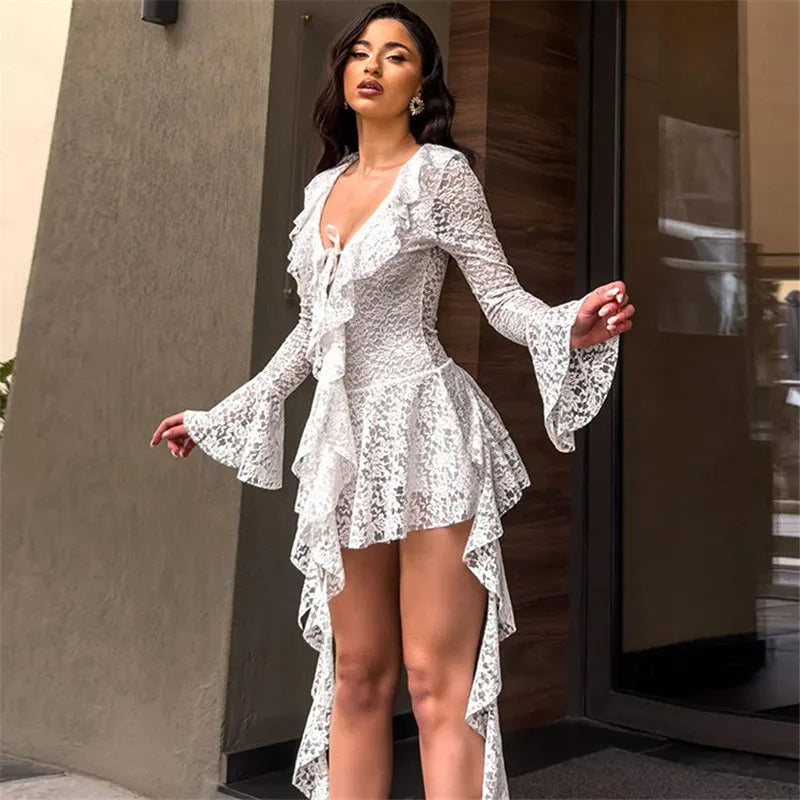 Lace Ruffled Long Sleeve Mini Dress