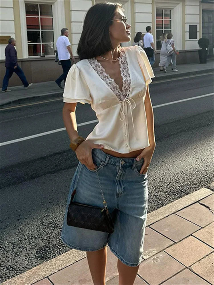 White Lace V-Neck Top