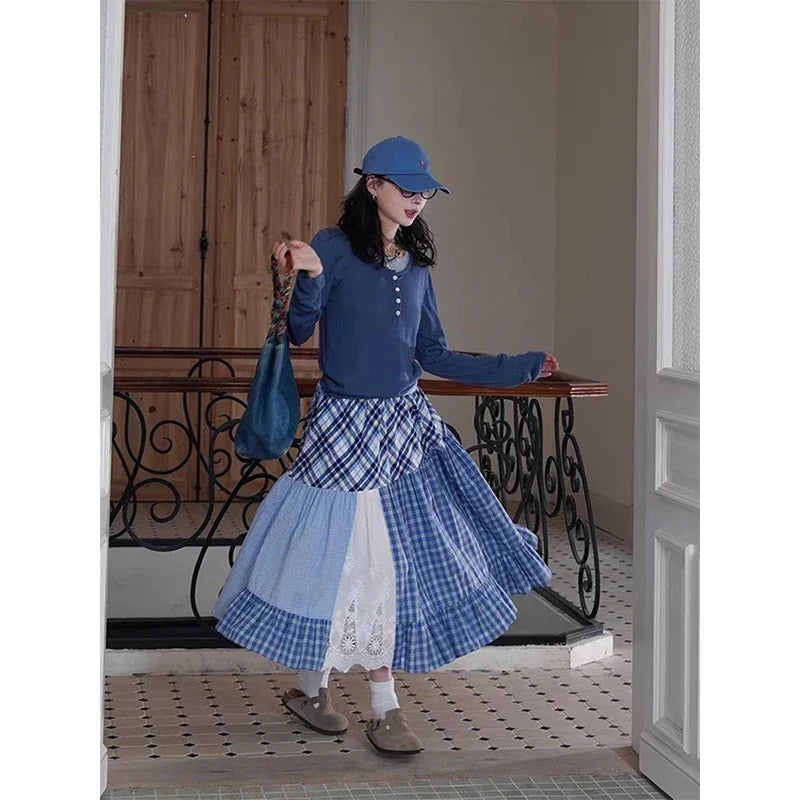 Plaid Patchwork Midi Skirt - Streetwear A-Line