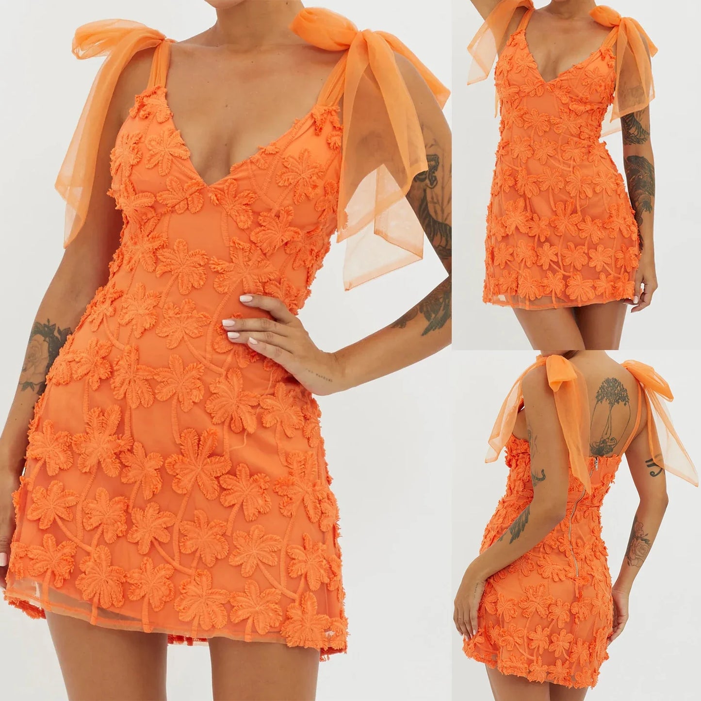 Sheer Strap Bow Tied Floral Pattern Embroidery Mini Dress