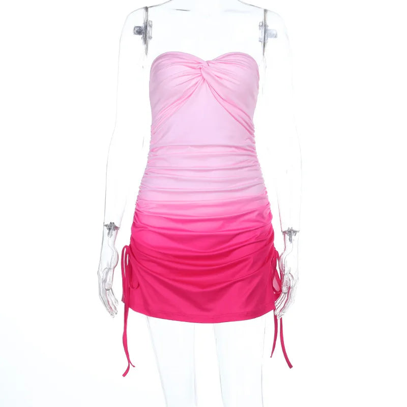 Pink Gradient Drawstring Mini Dress