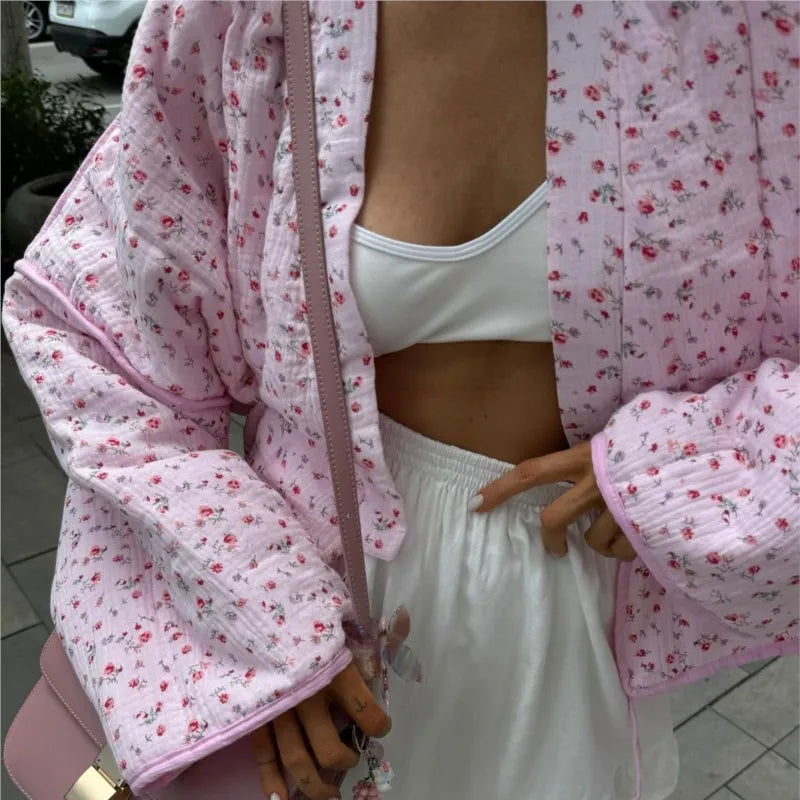 Women's Pink Printed Casual Knit Cardigan - Autumn/Winter Warm