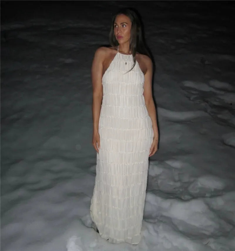 Halter Textured Open Back Maxi Dress