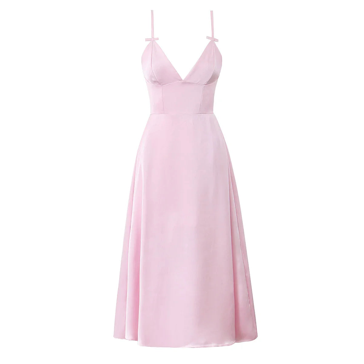 Pink Satin V-neck Bow Strap Flare Midi Dress