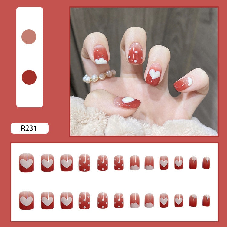 24Pcs/Box New Christmas Elk Snowflake Fake Nails Artificial Short Round Press on Acrylic Nails Tips Coffin Nail with Glue