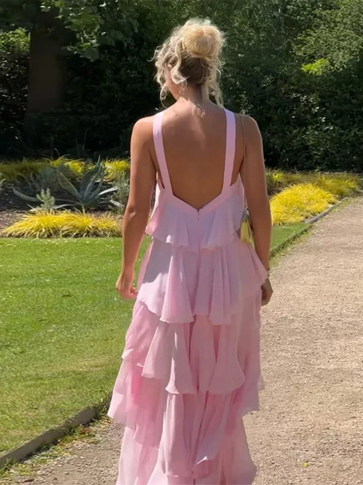 Pink Pleated Halter Maxi Dress