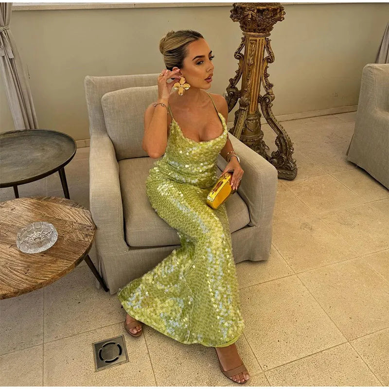 Green Sequin Backless Sling Maxi Dress