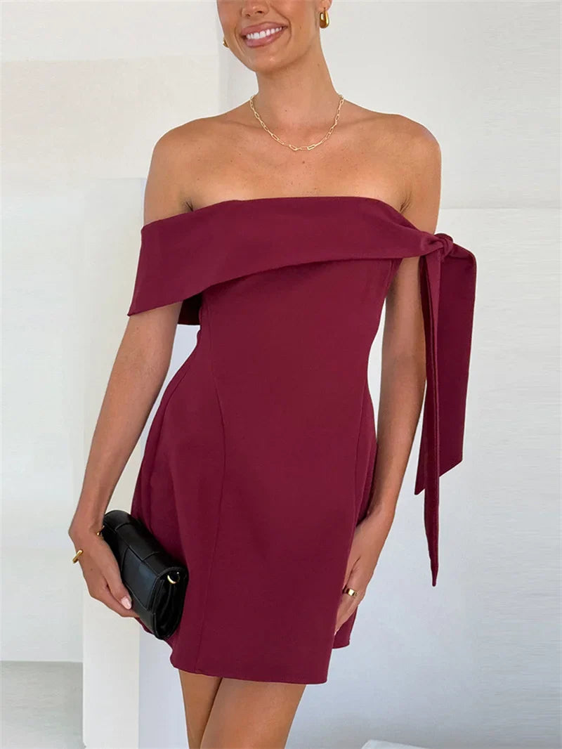 Off-shoulder Tie Up Solid Mini Dress