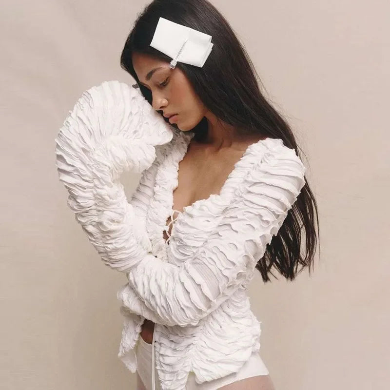 White Lace Up Gathered Top