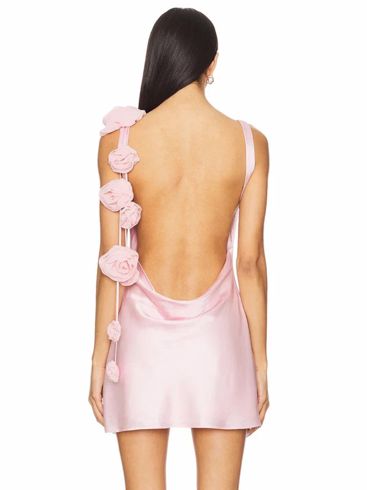 Flower Strap Backless Satin Mini Dress