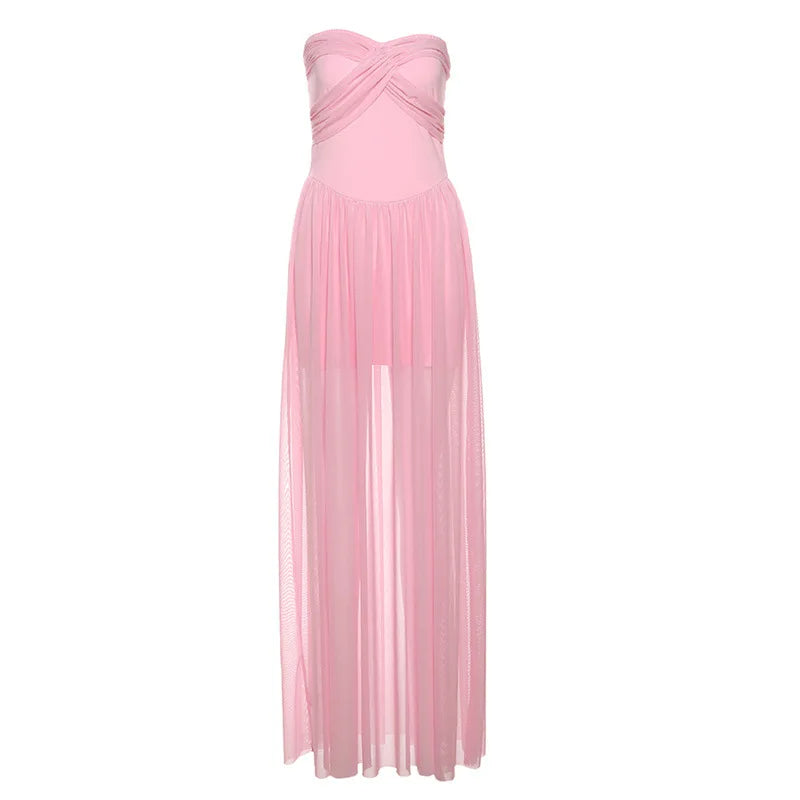 Pink Strapless Mesh Maxi Dress