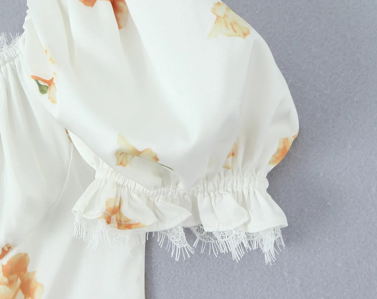 White Floral Puff Sleeve Mini Dress