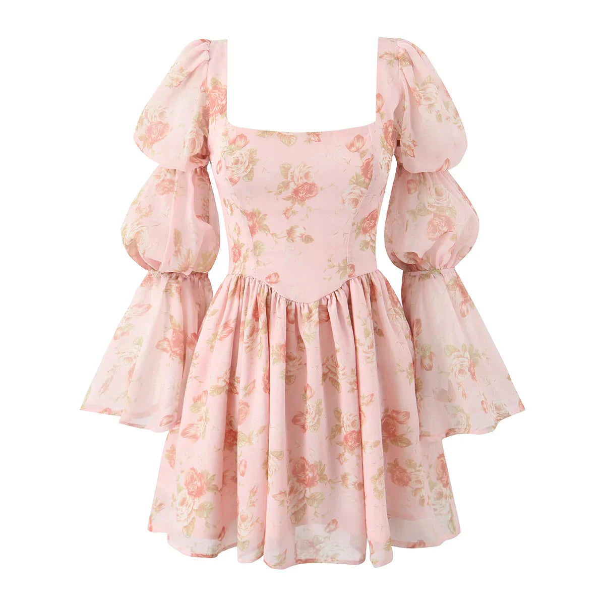 Floral Print Long Puff Sleeve Square Collar Mini Dress