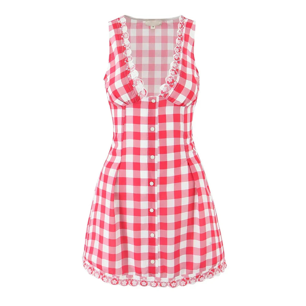 Red Checked V-neck Tank Mini Dress