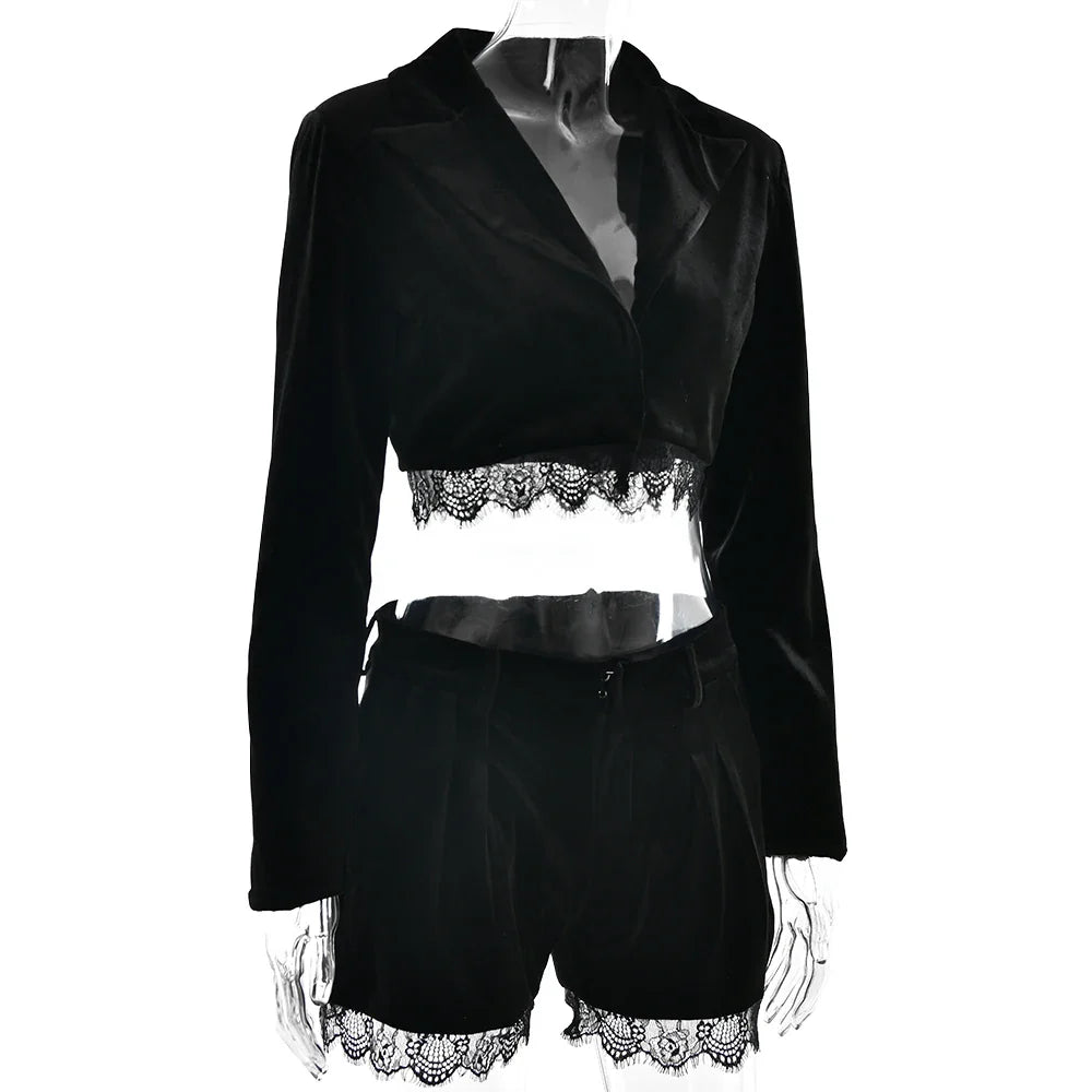 Black Velvet Lace Trim Crop Blazer And Shorts Set