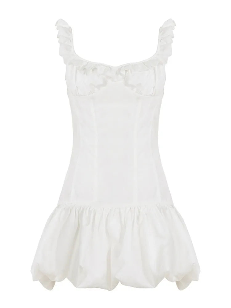 White Puff Ruffle Strap Mini Dress