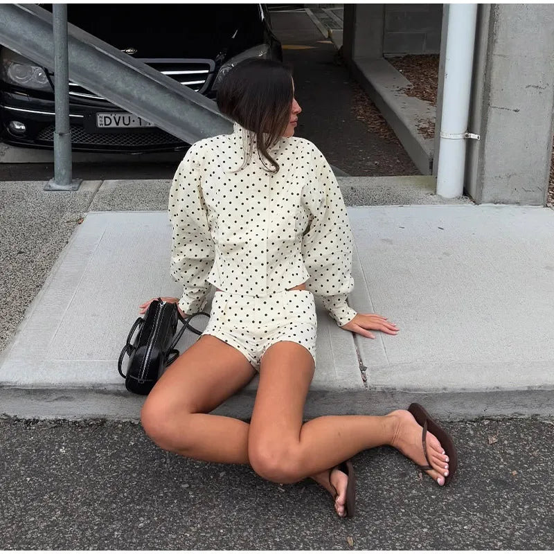 White Polka Dot Zipper Jacket And Shorts Set