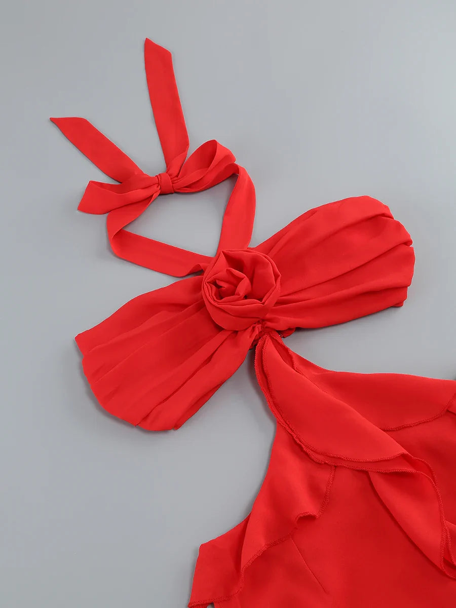 Red Flower Ruffles Halter Maxi Dress