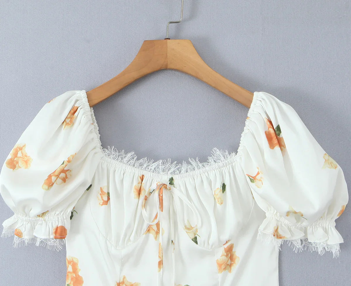 White Floral Puff Sleeve Mini Dress
