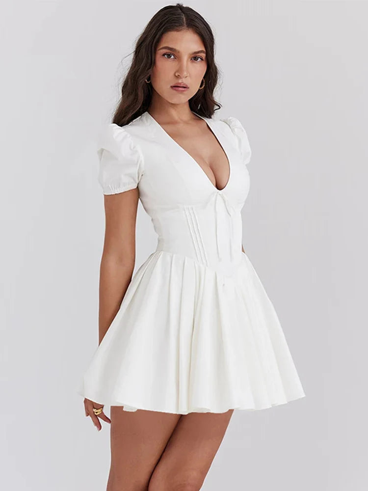 White V-neck Puff Sleeve Corset Mini Dress
