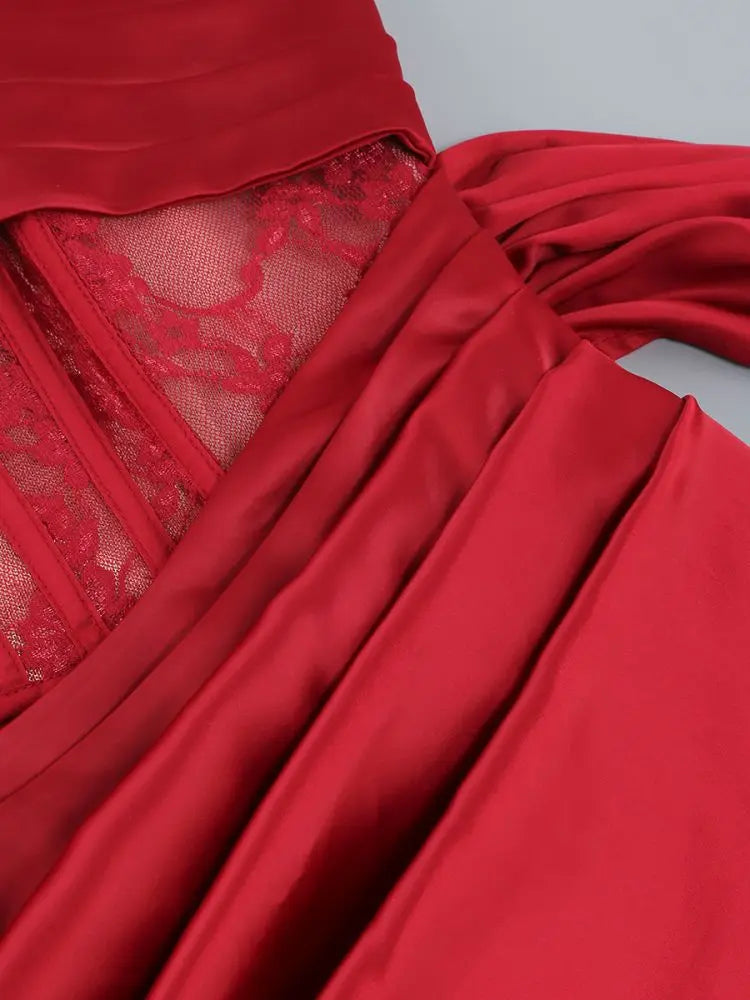 Lace Corset Cut Out Satin Draped Gloves Midi Dress