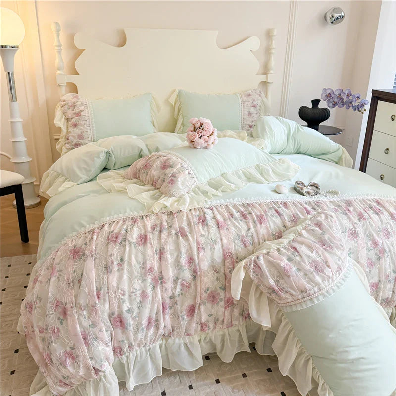 Princess Style Duvet Cover Sets with Lace Embroidery Bed Cover for Girls  Queen/King Size 이불커버 Soft Pink Bedding with Ruffles
