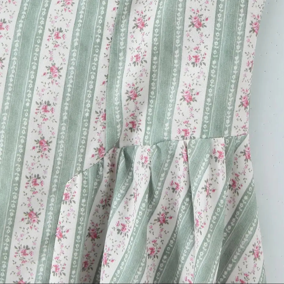 Green Striped Floral Print Corset Style Midi Dress - Sweet Fit & Flare